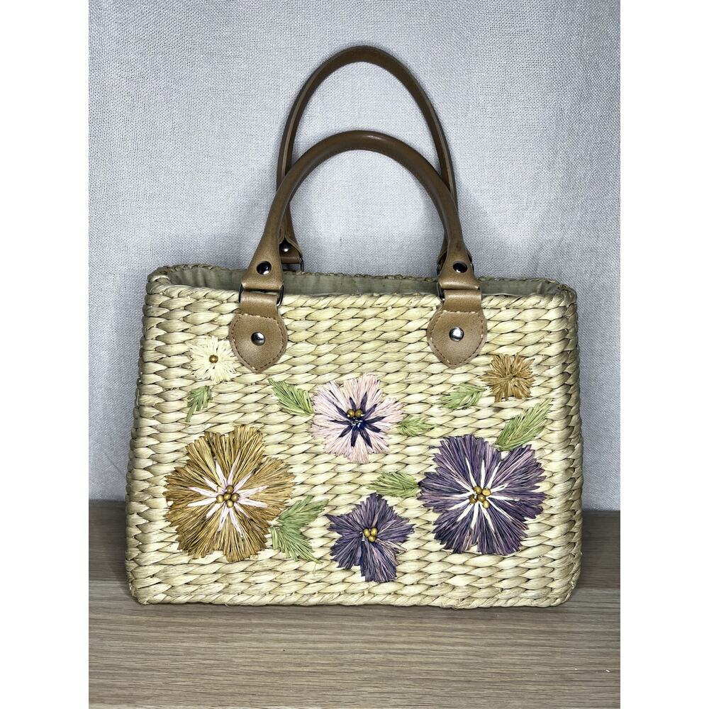 Vintage Y2k Faded Glory Boho Cottage Straw Floral Embroidered Purse
